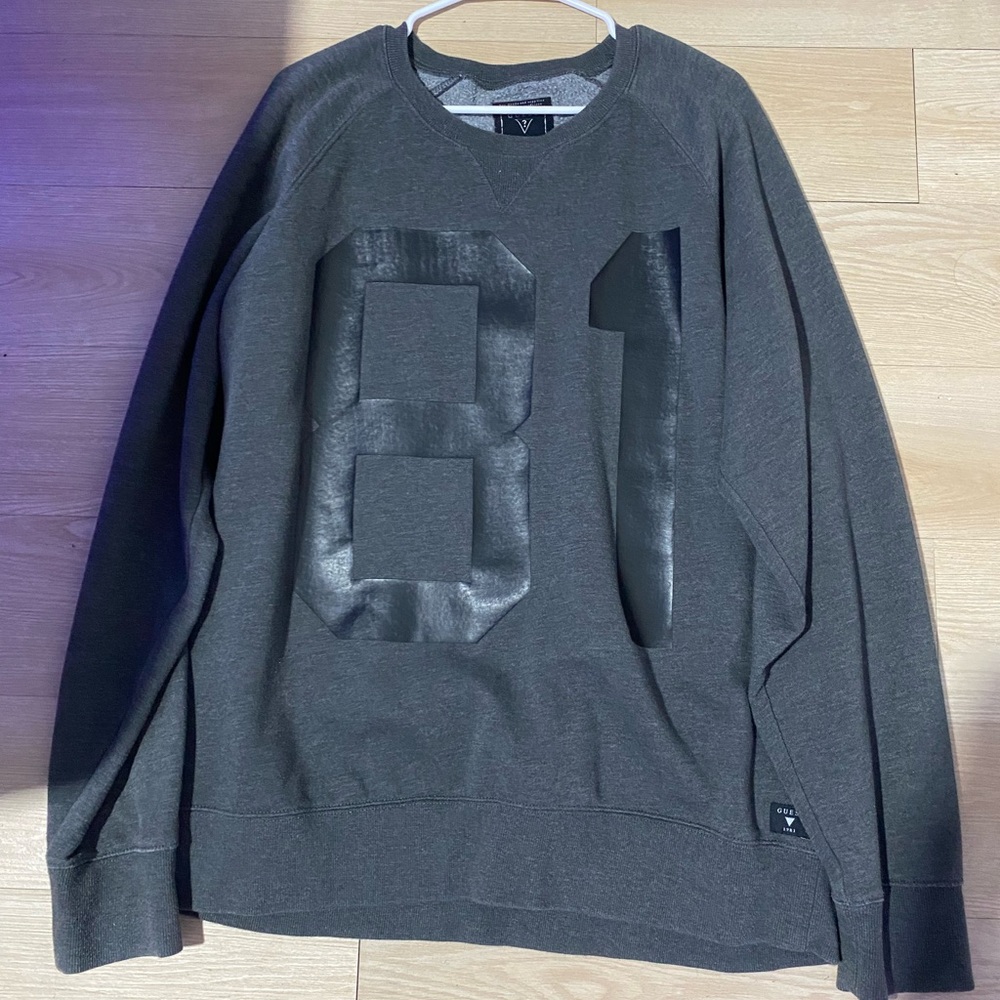 Guess Men's Dark Gray Crewneck Sweater with Number Design